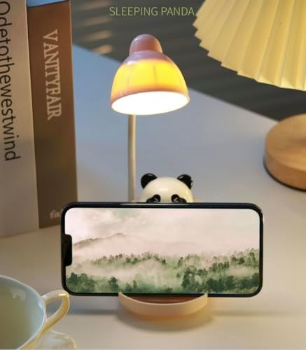 Cute Panda Night Light with Phone Stand & Storage, Rechargeable Bedside Lamp, 3-Level Touch Control Adjustable, LED Desk Lamp with USB for Bedroom Study Room, Boys Girls Gift (Pink)