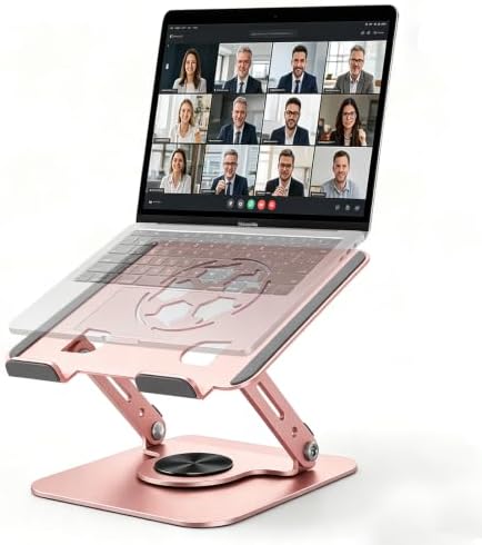 360°Rotating Laptop Stand, Ergonomic Adjustable Foldable Notebook Riser, Metal Computer Holder Compatible with 10-17.3" Laptops, Desktop Printer Stand, for Home & Office (Pink)