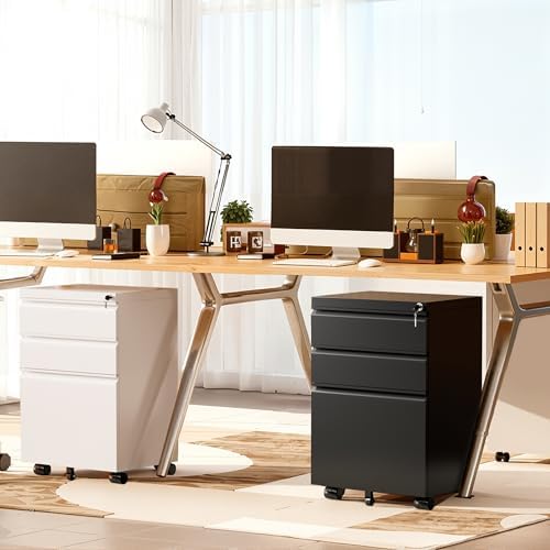 Superday White 3 Drawer Mobile Locking File Cabinet, Metal Rolling Vertical Filing Cabinet with Drawers, Small Under Desk File Cabinets for Office and Home, Fully Assemble