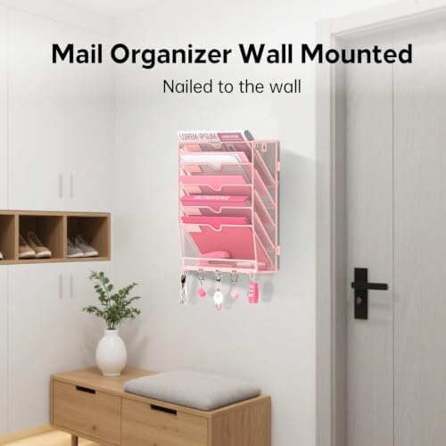 6 Tier Wall File Organizer - Hanging File Organizer with 5 Hooks, Mail Holder Wall Mounted for Papers, Folders, Magazines, Bills, Office&School Organization, Pink