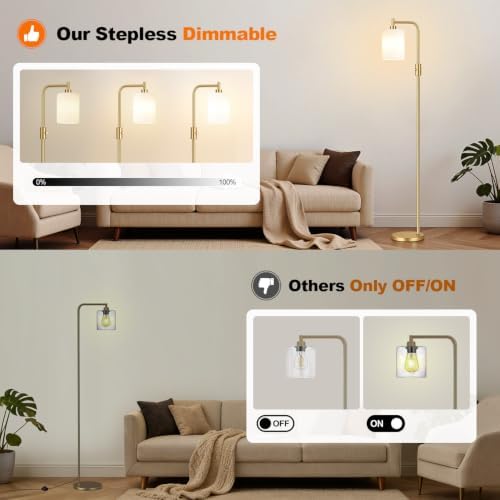 【Upgraded】 Dimmable Floor Lamp for Living Room with Opal Glass Lamphade, Gold Modern Glass Floor Lamp with 900LM LED Bulb Included, Arc Standing Tall Lamp for Bedroom, Office, Reading Room, Corner