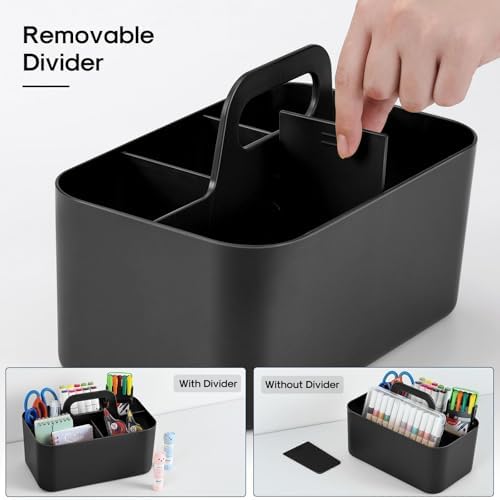 Multiuse Caddy Organizer with Handle, Portable Divided Plastic Tote Bin - Art Craft, Stationary Pen Marker Crayons, Makeup Hair Supplies Storage - Bathroom, Classroom, Dorm, Office, Desk Holder -Black