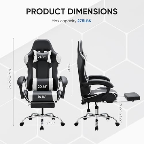NEWBULIG Computer Gaming Desk Chair - High Back Ergonomic Lumbar Support with Footrest and Headrest, Comfy PU Leather Recliner with Linkage Armrest, Height Adjustable and 360° Swivel, White