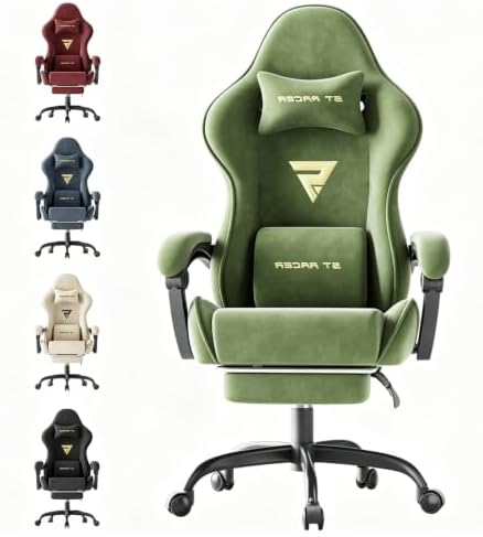 Ferghana Ergonomic Velvet Gaming Chair with Massage, Footrest & Reclining High Back, Racing Style Computer Desk Chair for Adults, Home Office Use, Green