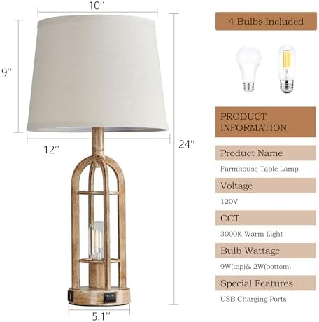 SRJJA 24" Farmhouse Table Lamps for Living Room Bedroom Set of 2, USB A+C