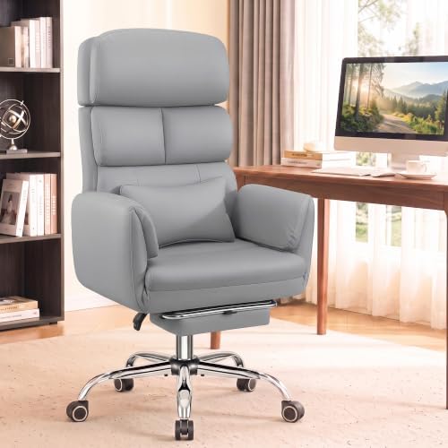 Big and Tall Leather Office Chair, Cross Legged Flip Arms, Gray