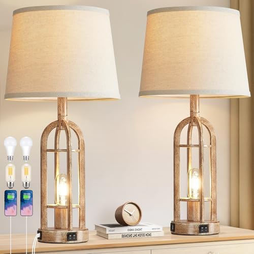 SRJJA 24" Farmhouse Table Lamps for Living Room Bedroom Set of 2, USB A+C