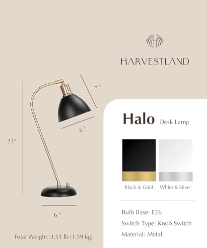 HarvestLand Halo Desk Lamp, Reading Lamp for Home Office, Black