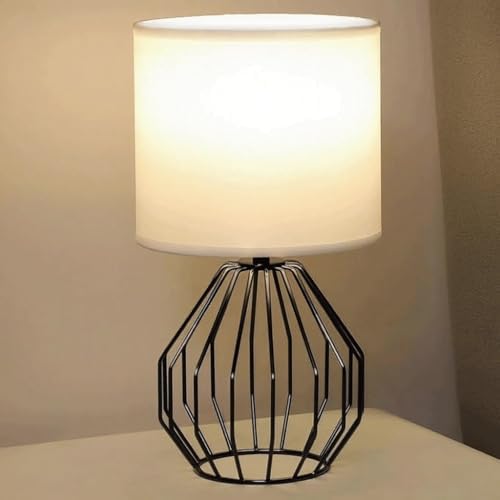 Small Table Lamp Black, Modern Minimalist Desk Lamp with Metal Base White Fabric Shade, Bedside Nightsand Table Lamp for Bedroom, Living Room, Kids Room
