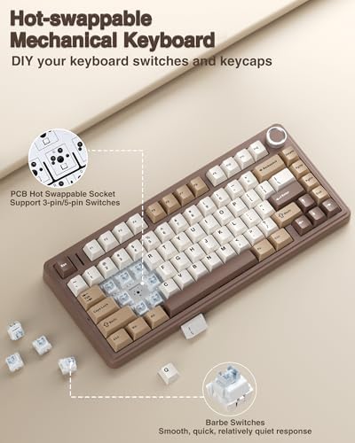 AULA F75 75% Wireless Mechanical Keyboard, Hot Swappable Creamy Keyboard, Pre-lubed Linear Switches, 2.4GHz/Type-C/BT5.0, RGB Backlit Gaming Keyboards(White&Brown)