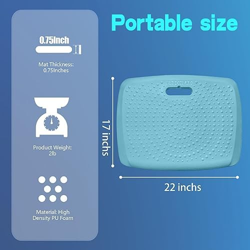 3/4 inch Thick Office Standing Desk Mat, Portable Cushioned Standing Pad with Massage Points, Anti Fatigue Kitchen Floor Mat with Handle, Multi-Purpose Floor Comfort Mat (Teal, 17" x 22")