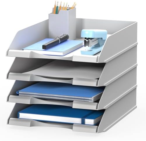 4 Pack Stackable Paper Trays for Letter Documents, Desktop File Organizers for Office Supplies, Stackable Desk Tray Holder for Paper Storage, Gray