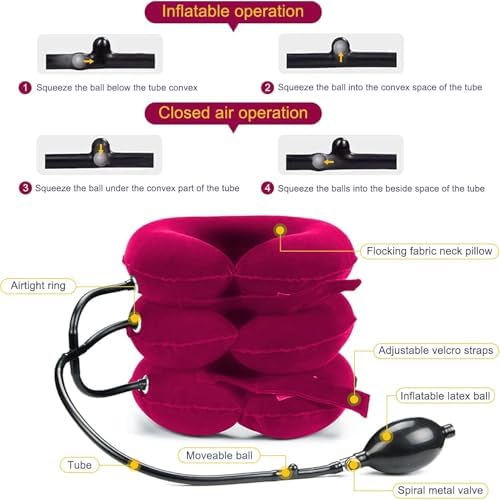 Neck Stretcher, Cervical Traction Device, Neck Traction Device, Cervical Neck Traction Device for Neck Pain Relief, Adjustable Inflatable Neck Brace, Neck Decompression Home Use (Red)