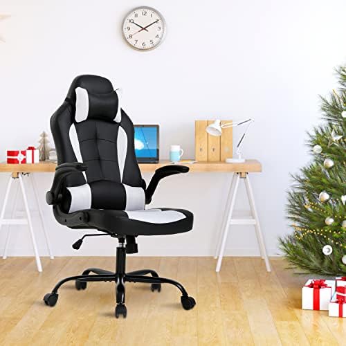 PC Gaming Chair Office Computer Ergonomic Chair PU Leather Adjustable with Flip Up Arms Lumbar Support Headrest E-Sport Racing Desk Swivel Chairs High Back(White)