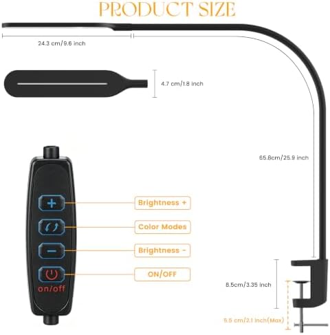 LED Desk Lamp with Clamp, 3 Color Modes 10 Brightness Levels, Long Flexible Gooseneck, Ultra Wide Brightness Range, led Clip Desk lamp, USB Eye-Caring Clip on Lights for Home Office, Black