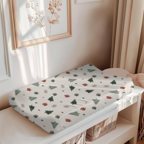 Christmas Trees Winter Holiday Stars Pattern Baby Changing Pad Cover, Unisex Christmas Nursery Diaper Changing Table Pad Mat Sheet for Boys Girls-16x32