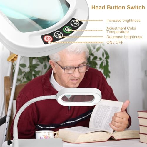 Veemagni 12X Rectangle Magnifying Glass with Light and Stand, Flexible Gooseneck LED Lighted Desk Lamp, 5 Color Modes Stepless Dimmable, Hands Free Magnifier for Reading Painting Close Work - White