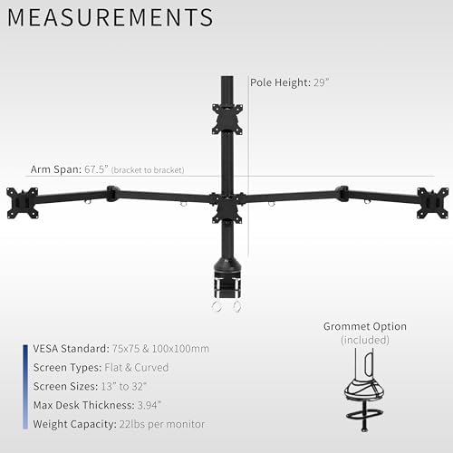 VIVO Quad Monitor 13 to 32 inch LED LCD Clamp-on Desk Mount, 3 Plus 1 Articulating VESA Computer Stand, Holds 4 Screens, Fully Adjustable for Home Office Workstation, Black, STAND-V104A
