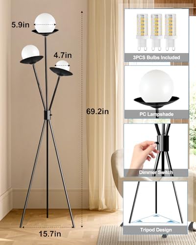 3 Globe Dimmable Tripod Floor Lamp, Mid Century Standing Lamps with 3Pcs 3000K Bulbs Included, Modern Black Tall Lamp for Living Room Bedroom Home Office Sofa Beside Corner Decor