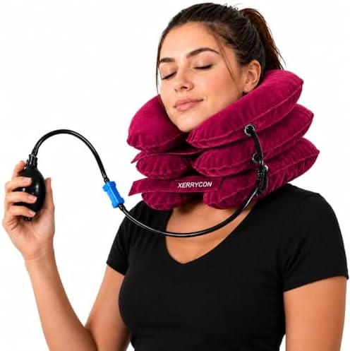 Inflatable Neck Stretcher for Neck Pain Relief, Cervical Traction Device with Hand Pump, 3-Layer Adjustable Neck Decompression Collar for Pinched Nerve, Stiff Neck & Tech Neck Support