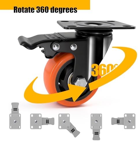 QNCZ 3 Inch Heavy Duty Caster Wheel with Dual Brake,Silent,Orange,Set of 4