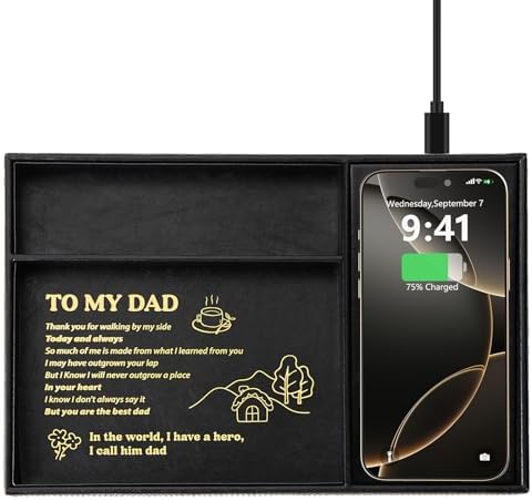 TopMade Valet Tray for Men, Built in Wireless Charging Pad, Nightstand Dresser Organizer, Faux Leather Mens Jewelry Box with Charging Station, Black