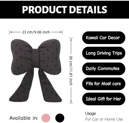 2PCS Chic Car Headrests with Bow-Shaped Cotton Linen Bowknot Neck Pillows for Cozy Road Trip & Cute Interior Decoration (Black Polka)