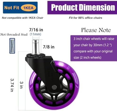 Office Chair Caster Wheels Replacement 3 Inch Roller Blade, Set of 5