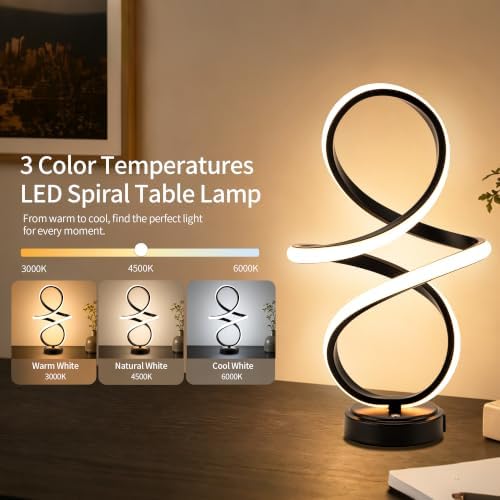 Modern Small Table Lamp with LED Spiral Design, 12W Black Nightstand Lamp