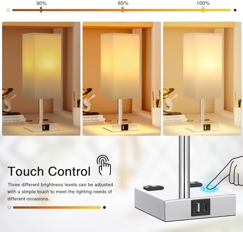 White Touch Table Lamp for Bedroom - Dimmable, USB C+A, 2 AC Outlets