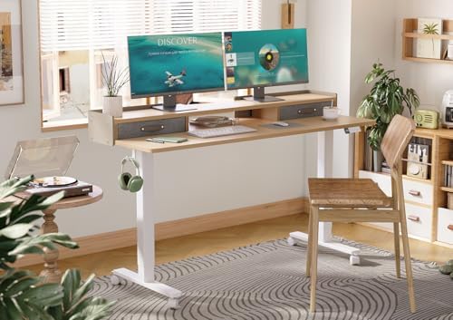 Claiks Standing Desk with Drawers & Wheels, 2 Height Shelf 63" Natural