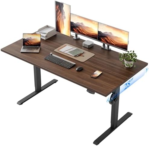 Klicelor 55 x 28 Electric Standing Desk, Sit Stand Up Home Office Desk, Height Adjustable Deep Cumputer Table with Memory Presets and Hooks, Two Pieces, Dark Walnut