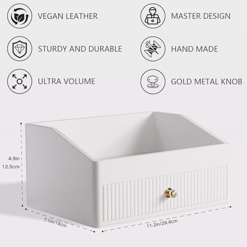 LADSTAG Office Desk Accessories,Beige White Vegan Leather Office Organizer with 1 Drawer & Tray,Pen Holder with Gold-Tone Metal Accents Knob for End Tables,Bedside Table,Bedroom.
