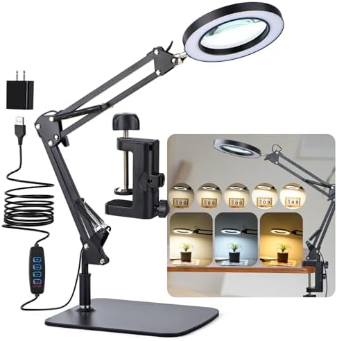 LED Magnifying Desk Lamp with Stand and Clamp for Repair, Crafts, Reading