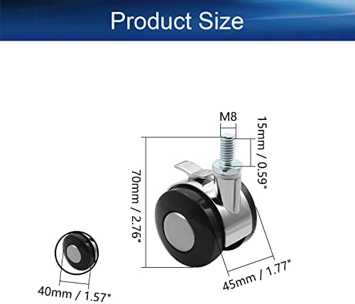 8pcs Swivel Caster Wheels Alloy Threaded Stem Caster Wheel for Office Chair 1.57inch Black Silver with Brake