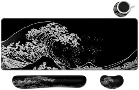 MIBITRI Keyboard Mouse Pad Set, Extended Gaming Mouse Pad+Ergonomics Keyboard Wrist Rest Support, Memory Foam, Easy Typing Pain Relief, 4Pcs XXL Ultra Thick Desk Mat, Japanese Wave