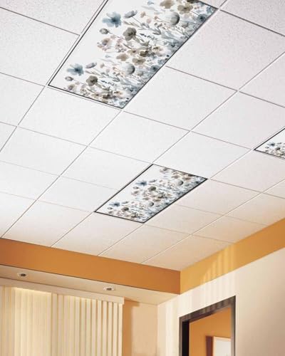 Fall Flower Magnetic Fluorescent Light Covers for Ceiling Lights 2 x 4 Feet, Watercolor Floral Herb Blue Brown Office Classroom Kitchen Drop Ceiling Light Covers Lighting Filters Shade Panel 1 Pack