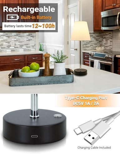 Cordless Lamp, 15'' Small Rechargeable Touch Control Table Lamps 5000mAh