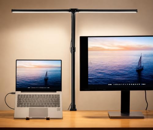LED Desk Lamp with Clamp, Double Head Dimmable Clip On Light, 5 Color Modes, Eye-Caring Gooseneck Desk Lamp for Home Office, Study, Reading, Workbench & Small Desk – Black