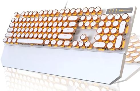 Camiysn Typewriter Style Mechanical Keyboard, Retro Punk Gaming Keyboard with Gold LED Backlit, Cute Wired Keyboards,104 Keys Full Size Keyboards, Uique Round Keycaps for Windows/Mac/PC(White&Gold)