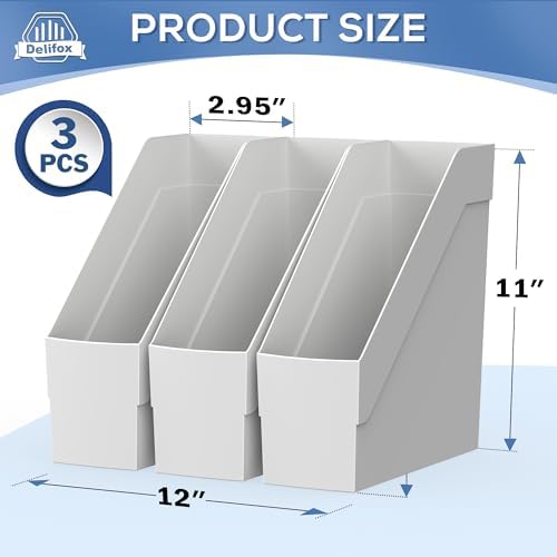 Delifox 3 Pack Magazine Rack, Plastic File Folder Bin Organizer, Gray
