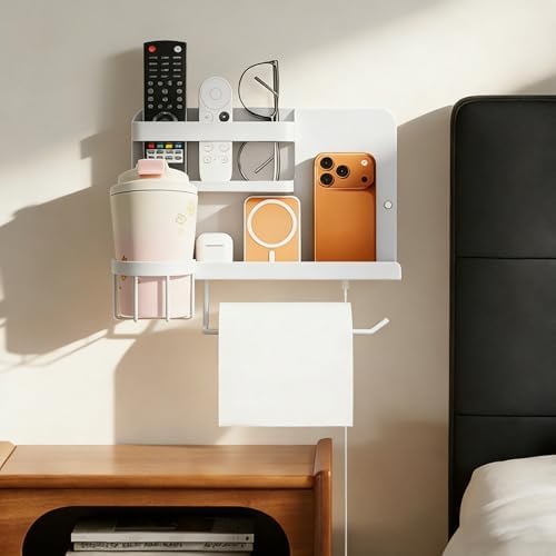 Bcareself Bedside Wall Organizer, Floating Bedside Shelf Wall Mount, Dorm Room Essentials, Remote Control Holder, Dorm Decor Organization and Storage Cool Teen Girls Trendy Stuff (White)