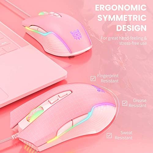 RGB Gaming Mouse Wired, 6400 DPI & 7 Buttons, Pink