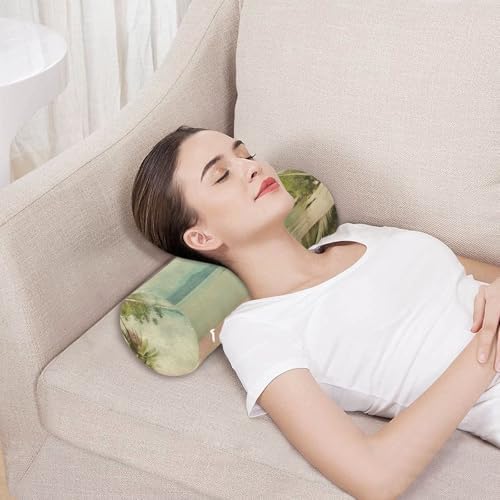 Vintage Palm Tree Neck Roll Pillow - Extra Dense Memory Foam Round Cylinder Bolster for Cervical Support, Spondylosis, Neck Pain Relief