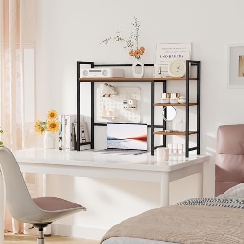 Snughome Desk Shelf, 38.6" Desktop Organizer Shelf, Desk Hutch for Computer Monitor, 4 Tier Desk Display Rack, Wood Desktop Bookshelf Storage Rack for Home Office Dorm, Rustic Brown