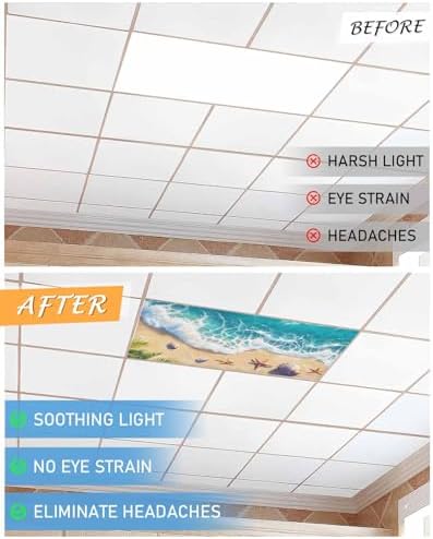 Ocean 2 Pcs Fluorescent Light Covers, Sandy Beach Marine Wave Seashell Magnetic Filters Shade Panel Light Covers for Ceiling Lights Classroom Office Home Ceiling Decoration, 4 x 2 Ft