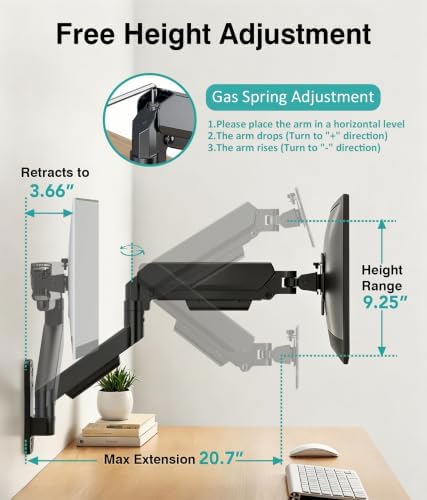 AX WABER Single Monitor Wall Mount for 17 to 32 inch Flat/Curved Computer Screens,Full Motion Adjustable Mechanical Spring Monitor Wall Arm Holds Up to 22lbs,VESA Wall Mount 75x75/100x100, Black