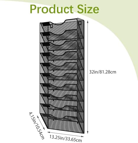 EasyPAG 10 Pocket Mesh Wall File Organizer, Hanging Paper Folder Holder with Classify Label, Vertical Wall Mount Mail Organizer for Office Home Classroom, Black