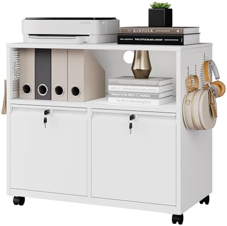 Letaya Mobile 2 Drawer File Cabinet with Lock, Metal Lateral Printer Stand Filing Storage Cabinets with Shelves for Home Office-A4/F4/Letter (White)
