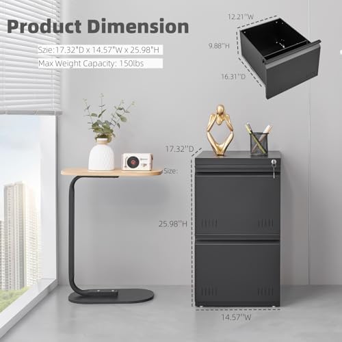 Guizeeopo 2 Drawer File Cabinet with Lock, Vertical File Cabinets for Home Office, Printer Stand, Heavy Duty Steel Office Storage Cabinet for Letter/Legal/A4, Assembly Required(Black)
